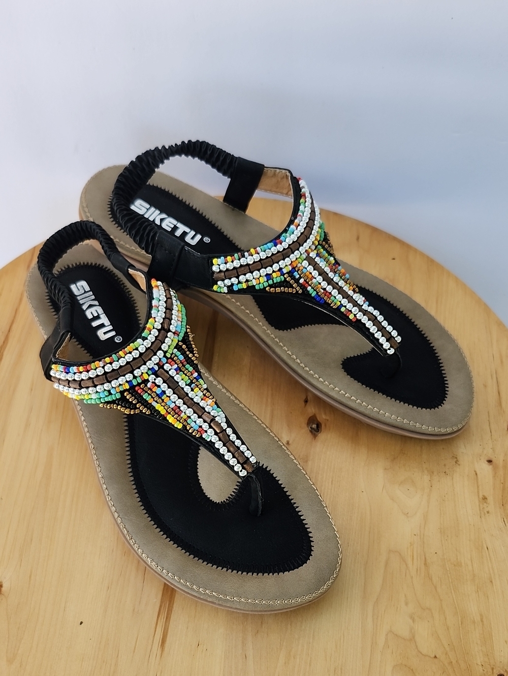 NWOT SIKETU BEADED SLING BACK THONG TOE SANDALS